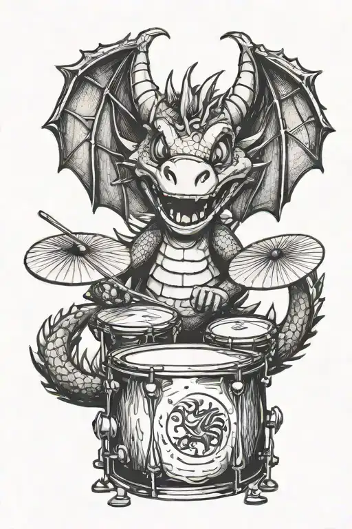 happy cute dragon playing drums  tattoo design idea