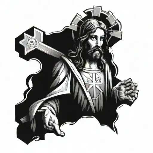 Jesus Christ holding gothic style cross tattoo design idea