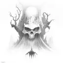 A hauntingly beautiful scene from Blasphemous with a dark and mysterious atmosphere tattoo design idea