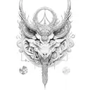 A mystical creature from Blasphemous surrounded by intricate symbols tattoo design idea