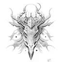 A mystical creature from Blasphemous surrounded by intricate symbols tattoo design idea