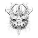 A mystical creature from Blasphemous surrounded by intricate symbols tattoo design idea