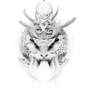 A mystical creature from Blasphemous surrounded by intricate symbols tattoo design idea