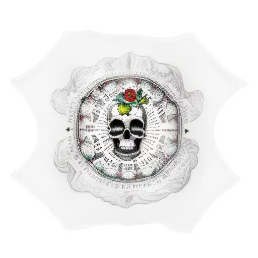 Sleeve tattoo including map of Puerto Rico, mountains, the flower flor de maga, skulls and ending green eye in hand tattoo design idea