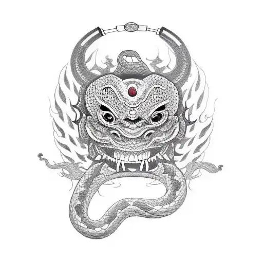 front facing hanya mask with a snake in its mouth, and a katana going through it from top to bottom in the background  tattoo design idea