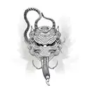 front facing hanya mask with a snake in its mouth, and a katana going through it from top to bottom in the background  tattoo design idea