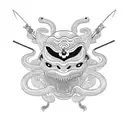 front facing hanya mask with a snake in its mouth, and a katana going through it from top to bottom in the background  tattoo design idea