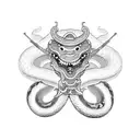 front facing hanya mask with a snake in its mouth, and a katana going through it from top to bottom in the background  tattoo design idea