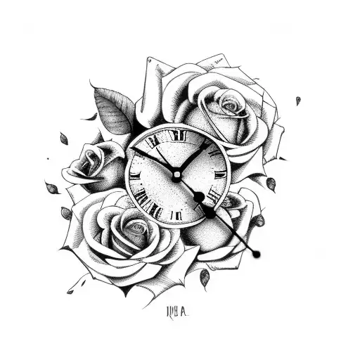 clock with rose with skull with web tattoo design idea