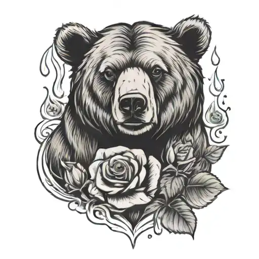 bear, traditional, roses, fire. tattoo design idea