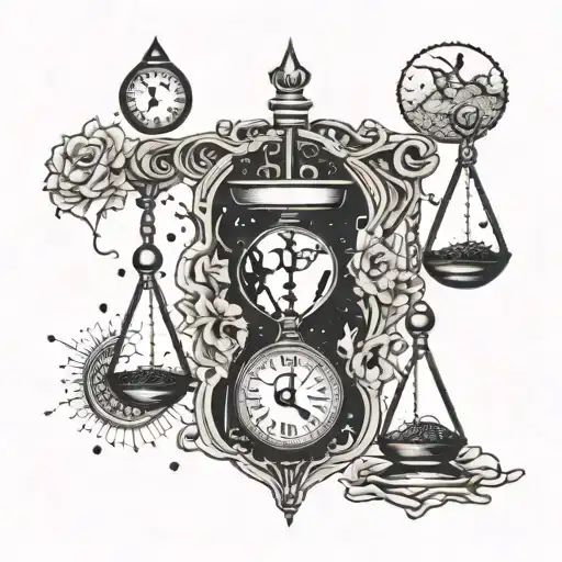 hourglass, broken column, dna, scales with a heart and brain on the scales. all moon phases in order tattoo design idea