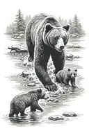 bear protecting three cubs in a river in the moonlight tattoo design idea