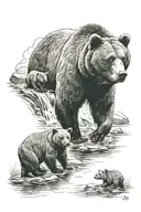 bear protecting three cubs in a river in the moonlight tattoo design idea