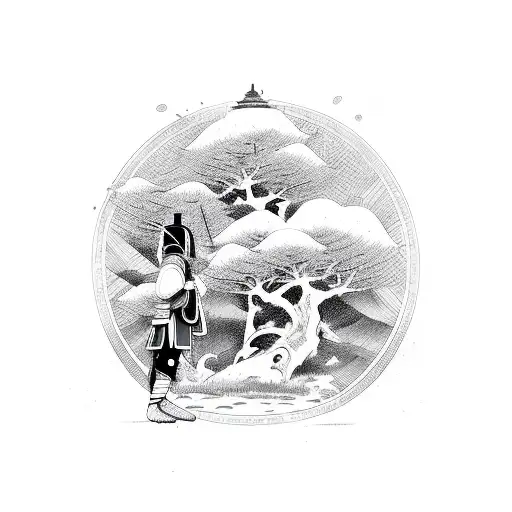 Japanese samurai warrior meditating under a Bodhi tree tattoo design idea