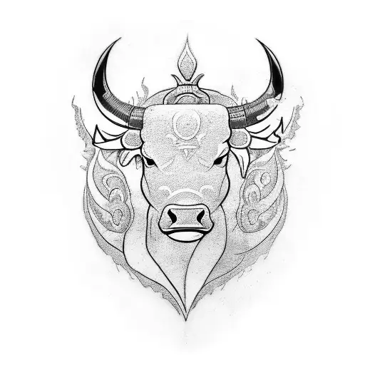 A tattoo design of a bull symbolizing strength and determination, with a background of ocean waves and a muay thai fighter in action tattoo design idea