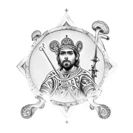 An intricate tattoo design of Saint Jacques riding a horse, with mushrooms and coffee beans scattered around them tattoo design idea