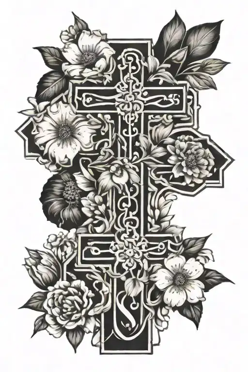 big cross surrounded by 3 birth month flowers February January october tattoo design idea