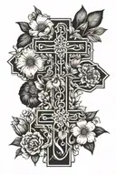big cross surrounded by 3 birth month flowers February January october tattoo design idea