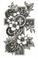 big cross surrounded by 3 birth month flowers February January october tattoo design idea