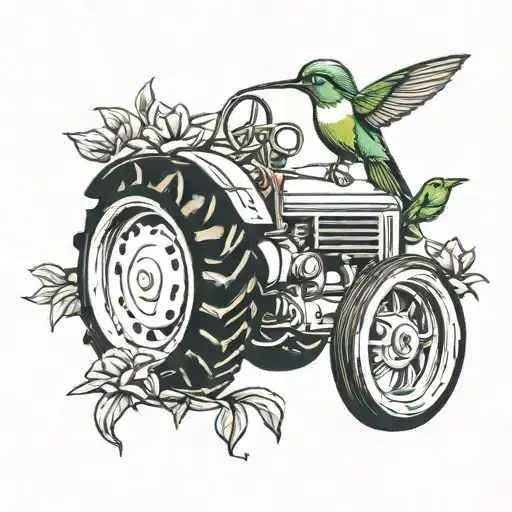 tractor with a hummingbird perched tattoo design idea