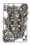 A deck of cards with each card representing a milestone in your journey to sobriety, surrounded by feline and crowns motifs tattoo design idea