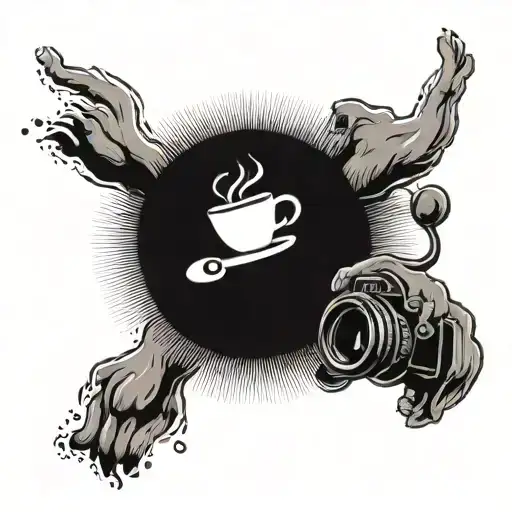 A black-grey tattoo of a cartoon dog photographer capturing a coffee bean in mid-air tattoo design idea