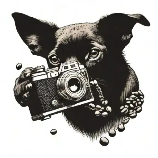 A dotwork tattoo of a dog holding a camera, with coffee beans forming a border around them tattoo design idea