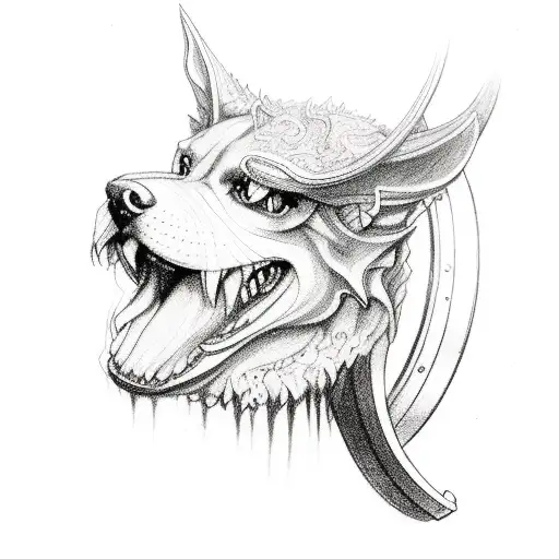 guitar with a cerberus head in the body tattoo design idea