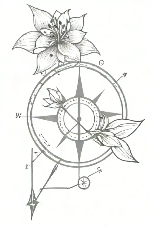 compass with atom and a lilly flower with arrows for tricep tattoo design idea