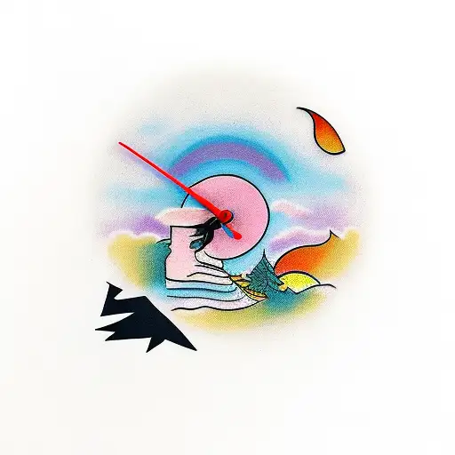 Father and daughter shadow walking on the sunset with a clock tattoo design idea