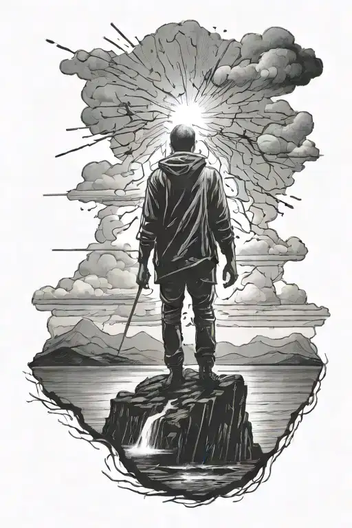 darkness, Duality, rain, light beam, pain, Person standing on a cliff tattoo design idea