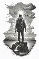 darkness, Duality, rain, light beam, pain, Person standing on a cliff tattoo design idea