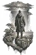 darkness, Duality, rain, light beam, pain, Person standing on a cliff tattoo design idea