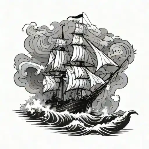 A detailed blackwork tattoo of a majestic sailing ship on rough seas tattoo design idea