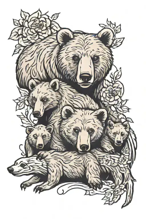 mama bear and 5 cubs playing tattoo design idea