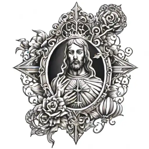 Create 6 tattoo ideas based on a fusion of sacred heart of Jesús a rosary and crucifixion the ideas need to be on black  tattoo design idea
