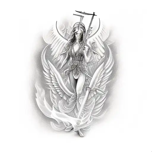 woman Angel with the flaming sword  tattoo design idea