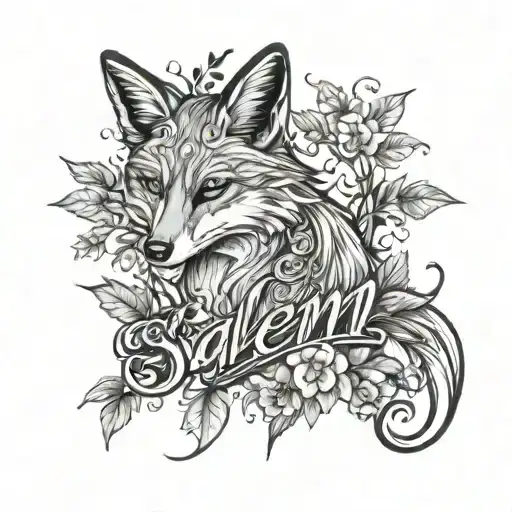 vertical name "salem" with leaves flower petals a fox outline tattoo design idea
