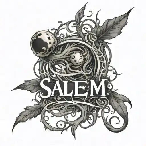 vertical name "salem" wrapped with soot spirits , vines , studio ghibli vibes tattoo design idea