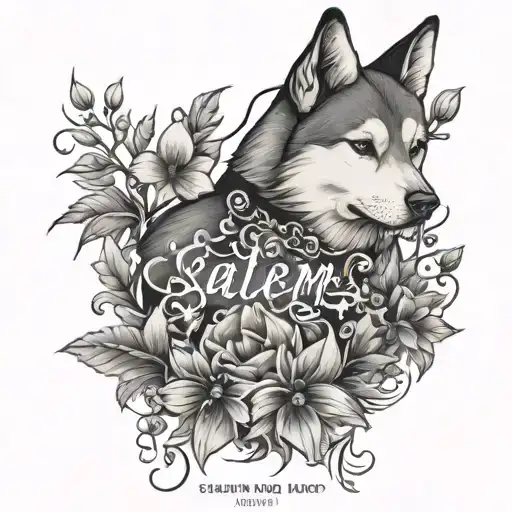 vertical name "salem" with leaves flower petals a shiba inu outline tattoo design idea