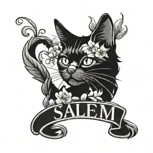 vertical name "salem" with leaves flower petals a black cat tattoo design idea