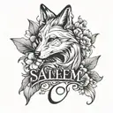 vertical name "salem" with leaves flower petals a fox outline tattoo design idea