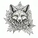 vertical name "salem" with leaves flower petals a fox outline tattoo design idea
