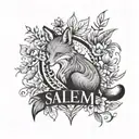 vertical name "salem" with leaves flower petals a fox outline tattoo design idea