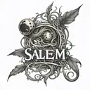 vertical name "salem" wrapped with soot spirits , vines , studio ghibli vibes tattoo design idea