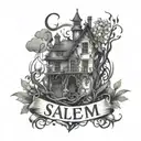 vertical name "salem" wrapped with soot spirits , vines , studio ghibli vibes tattoo design idea