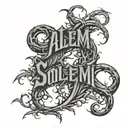 vertical name "salem" wrapped with soot spirits , vines , studio ghibli vibes tattoo design idea