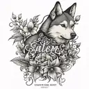 vertical name "salem" with leaves flower petals a shiba inu outline tattoo design idea