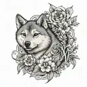 vertical name "salem" with leaves flower petals a shiba inu outline tattoo design idea