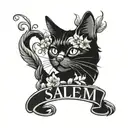 vertical name "salem" with leaves flower petals a black cat tattoo design idea